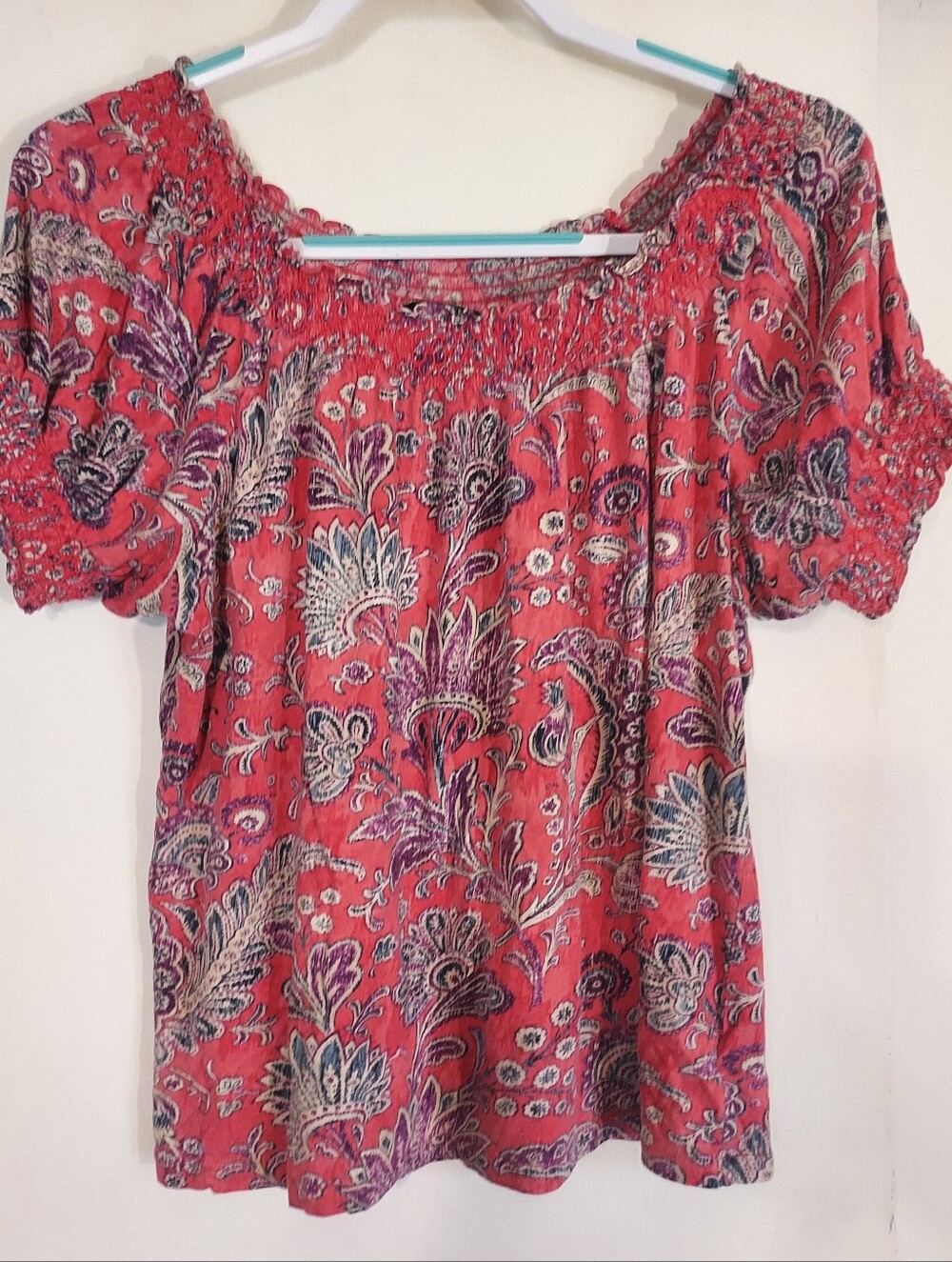 Lauren Ralph Lauren Short Sleeve Smocked Neck Floral Paisley Top XL